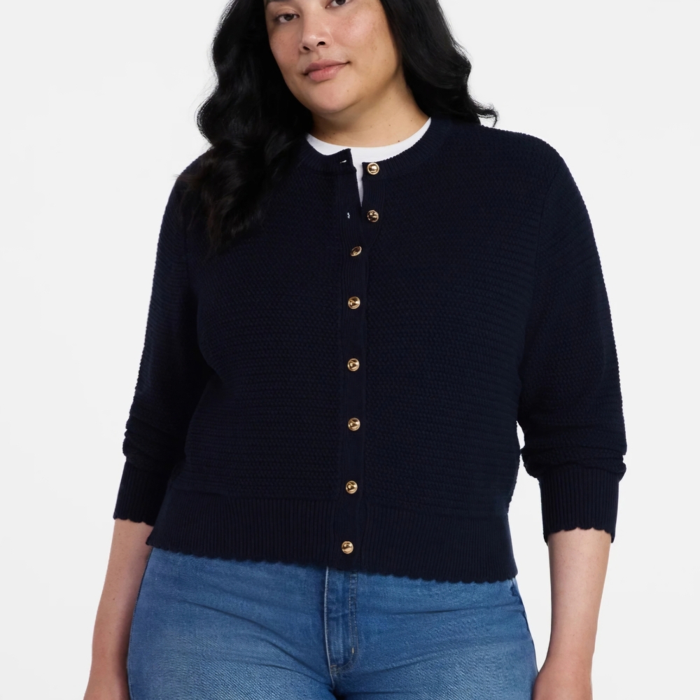 Time & Tru Blue Twilight Textured Knit Cardigan Sweater Gold Button Front XXXL